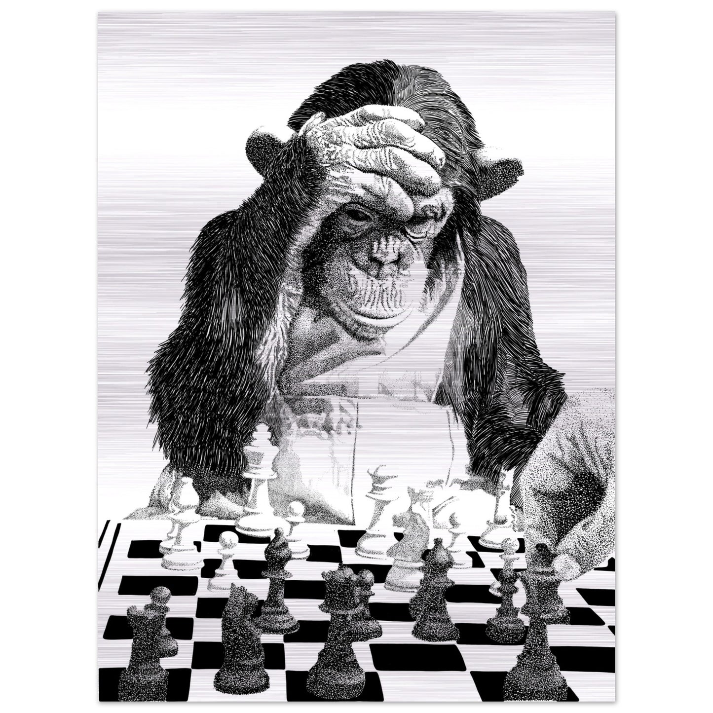 Chimp and Human Chess Game - Brushed Aluminum Print