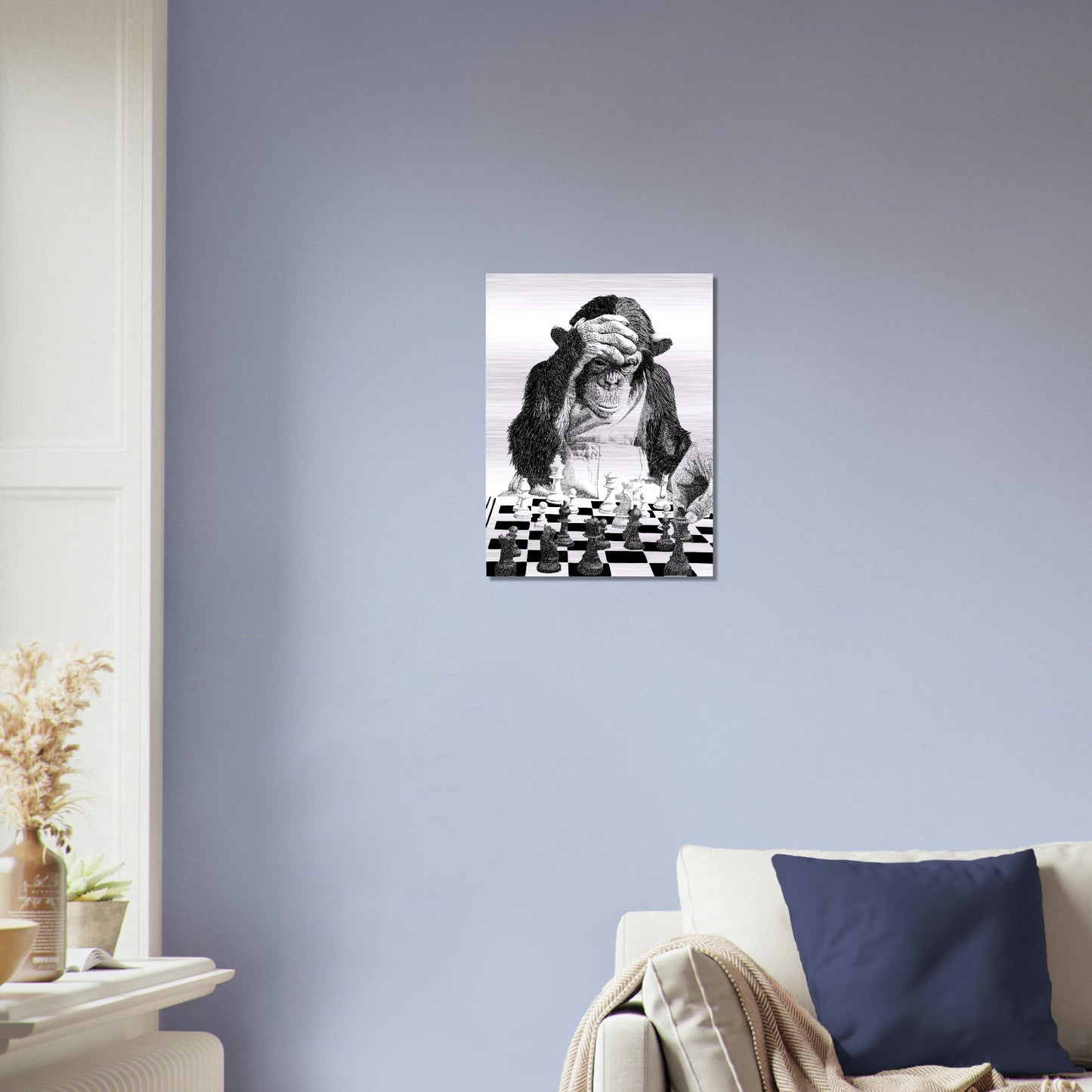 Chimp and Human Chess Game - Brushed Aluminum Print