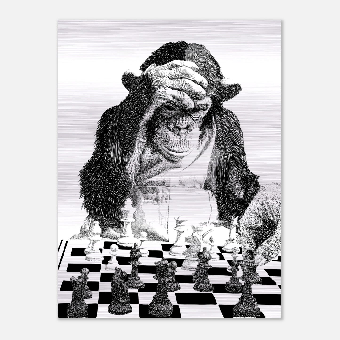Chimp and Human Chess Game - Brushed Aluminum Print