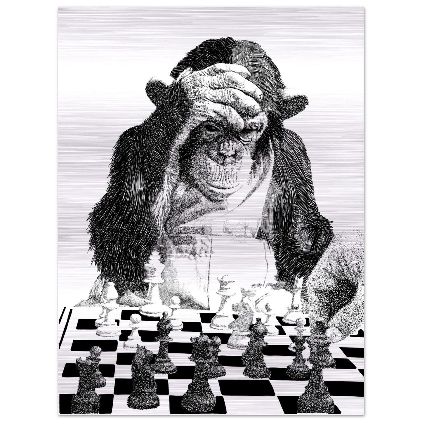 Chimp and Human Chess Game - Brushed Aluminum Print